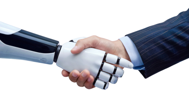 Businessman's hand in tailored suit shaking a robotic hand