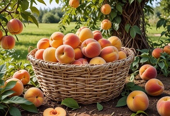 A large basket filled with ripe juicy peaches stands in a lush green garden with trees around