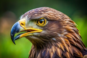 Fototapeta premium In sharp focus, a fierce Albanian eagle's piercing gaze is fixed, its vibrant yellow beak and strong claws