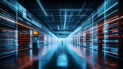 Futuristic Technology Retail Warehouse, a digital warehouse with electronic grids connected to a barcode scanner banner background