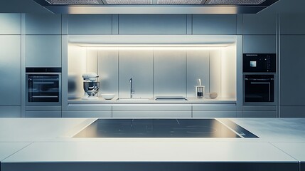 Modern Minimalist Kitchen Room with Wooden Table, luxurious Interior Design, Furniture with Background