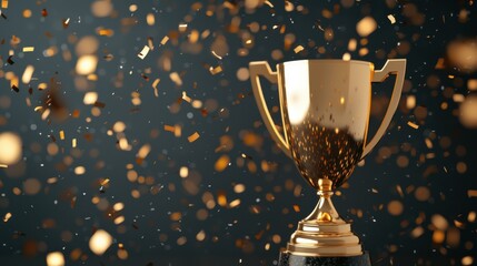 A golden championship trophy shining brightly against a dark background with confetti falling