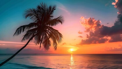Tropical beach with palm trees and blue sky with white clouds