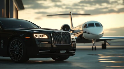A black luxury car parked in front of a private jet.