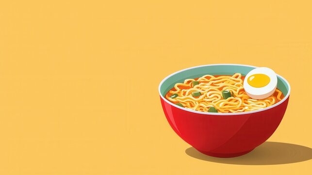 A bowl of cartoon ramen with noodles an egg and vegetables floating in a rich broth