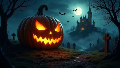 Fototapeta premium Halloween Table - Old Wooden Plank With Orange Pumpkin In Purple Landscape With Moonlight