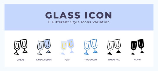 Glass icon set. outline. glyph black. flat color and filled line color