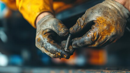 Close-up of hands working with a rusty bolt, showcasing the details of manual labor and craftsmanship in a workshop.