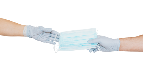 Man with a glove sharing a face mask to a friend design element