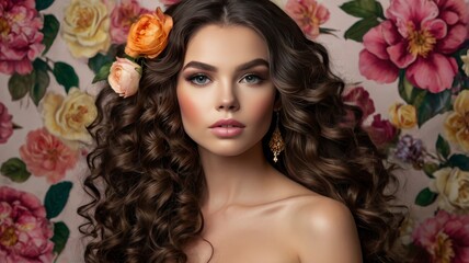 Stunning brunette with long curls, floral accents, and bright makeup