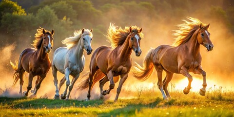 Majestic equines prance and gallop across the serene pasture, their luscious manes and tails shimmering, as the warm