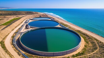Fototapeta premium Aerial View of Circular Wastewater Treatment Facility with Geometric Ponds