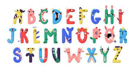 English alphabet with monsters' figures set. Cute ABC for kids, elementary education. Funny letters of dinosaurs' font. Script with animals. Flat isolated vector illustrations on white background © Paper Trident