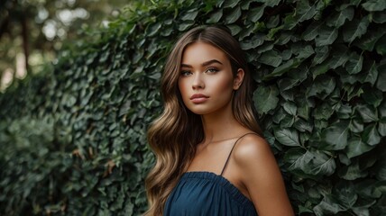Stunning girl near a wall with foliage 