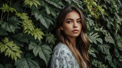 Stunning girl near a wall with foliage 