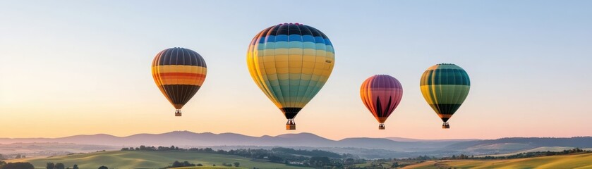 Obraz premium Colorful hot air balloons rising in a clear sky during sunrise, creating a beautiful landscape in pastel colors.