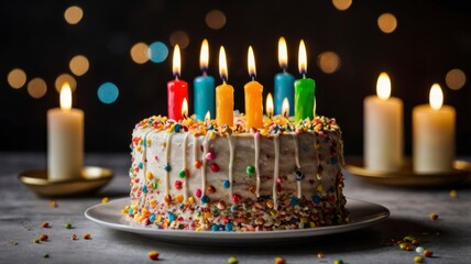 Tasty birthday cake with lit candles