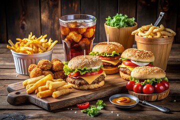Mouthwatering fast food menu with high-calorie options including burgers, nuggets, fries, and soda