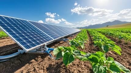 Solar farm with photovoltaic panels generating clean renewable electricity in rural agricultural field under blue sky with clouds