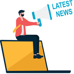 Megaphone, laptop, latest news, web news concept illustration.

