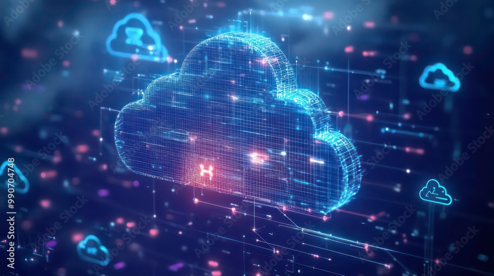 Poster A digital illustration of a 3D cloud icon made of blue glowing lines on a dark background with blurry lines and dots in the background.