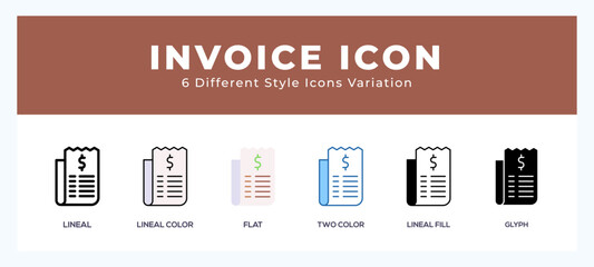 Invoice icon set. outline. glyph black. flat color and filled line color