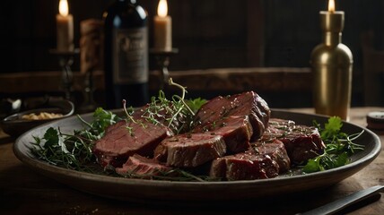 Meat, Steak with Blood, Wine, Black Pepper, Thyme, Rosemary, New Potatoes, Food, Spices, Kitchen Utensils, Wooden Slicing Board, Beef