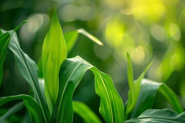 Fototapeta premium Green corn growing on the field in the summer.