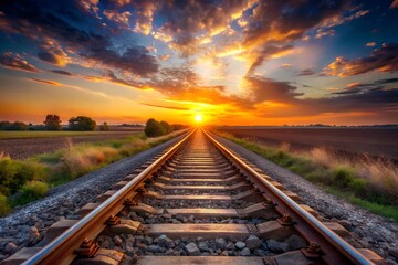 Fototapeta premium Sunrise over railroad tracks, long straight track leading into the horizon