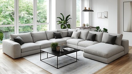 Fototapeta premium A modern minimalist living room with elegant furniture, featuring a minimalist grey sectional sofa, black metal coffee table, white walls, large windows, and soft natural lighting,