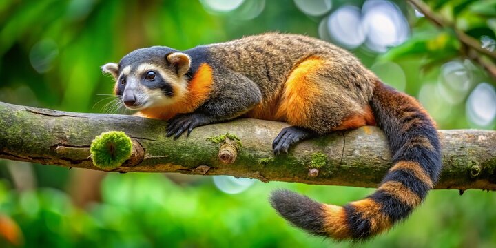 Perched on a branch, the tlacuache's soft fur blends with the surrounding foliage, its tail a gentle spiral