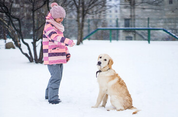 Little Girl Training A Golden Retriever Puppy In The Snow Outdoors In Winter