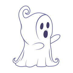 Halloween cute ghost in flat design. Spooky spirit in mask flying and scaring. Vector illustration isolated.