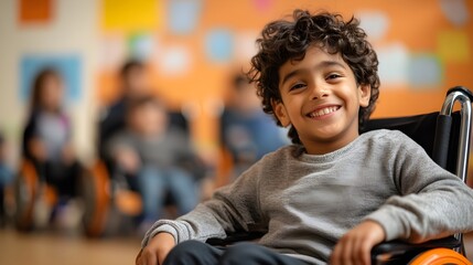 Smiling disabled children from various cultural backgrounds, learning through play in a vibrant daycare center, supported by teachers, inclusive education setting