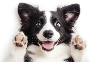 cute border collie dog laying on the back, showing its adorable paws and looking directly with curious face expression; funny puppie isolated on white background