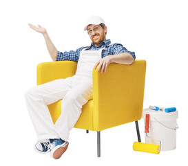 House painter sitting and showing his completed work © StockPhotoPro