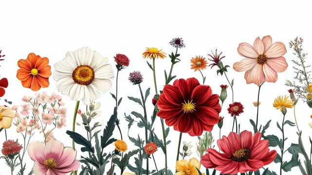 Autumn garden frame with various flowers in engraving style.