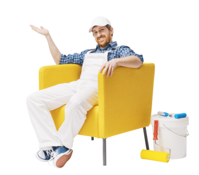 House painter sitting and showing his completed work