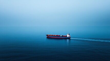Naklejka premium A container ship sails on a calm blue ocean.