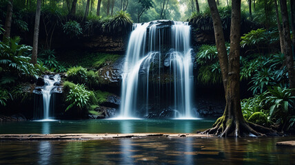 Fototapeta premium Step-by-Step Waterfall in the Forest: Captured in Beautiful Time-Lapse