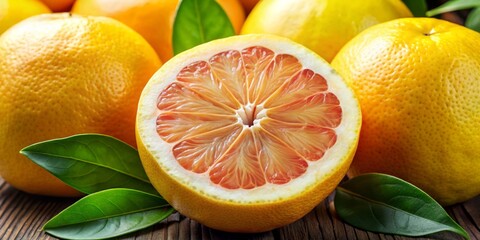 Ripened yellow grapefruit bursts with juice, its segments readily yielding to pressure, nestled within a textured peel