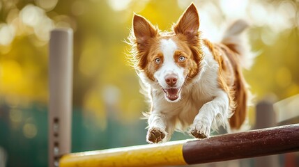 A spirited canine navigates an agility course with impressive speed and unwavering determination, captured in a stunning image.
