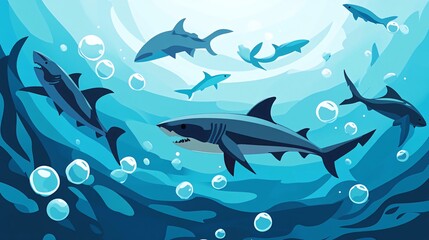 Obraz premium A group of sharks swimming in the blue ocean with air bubbles.