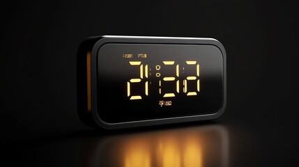 A black alarm clock with a yellow digital display showing the time 21:28.