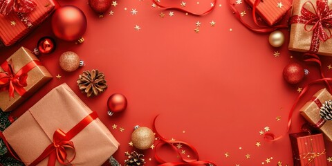 Cheerful Christmas Facebook post background with presents and ribbons