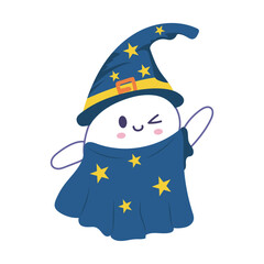 Halloween cute ghost in flat design. Funny spirit in wizard costume with stars. Vector illustration isolated.