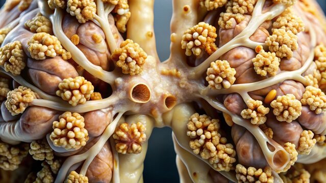 Scarring and inflammation have ravaged the lungs, leaving behind a eerie terrain of popcorn-like nodules that choke the