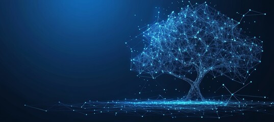Digital Tree On Blue Background. Abstract Growth Symbol In Lines, Connected Dots, And Triangles.