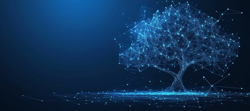 Digital Tree On Blue Background. Abstract Growth Symbol In Lines, Connected Dots, And Triangles. - Powered by Adobe