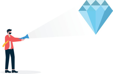 Obraz premium Help business man look gems with a flashlight with binoculars